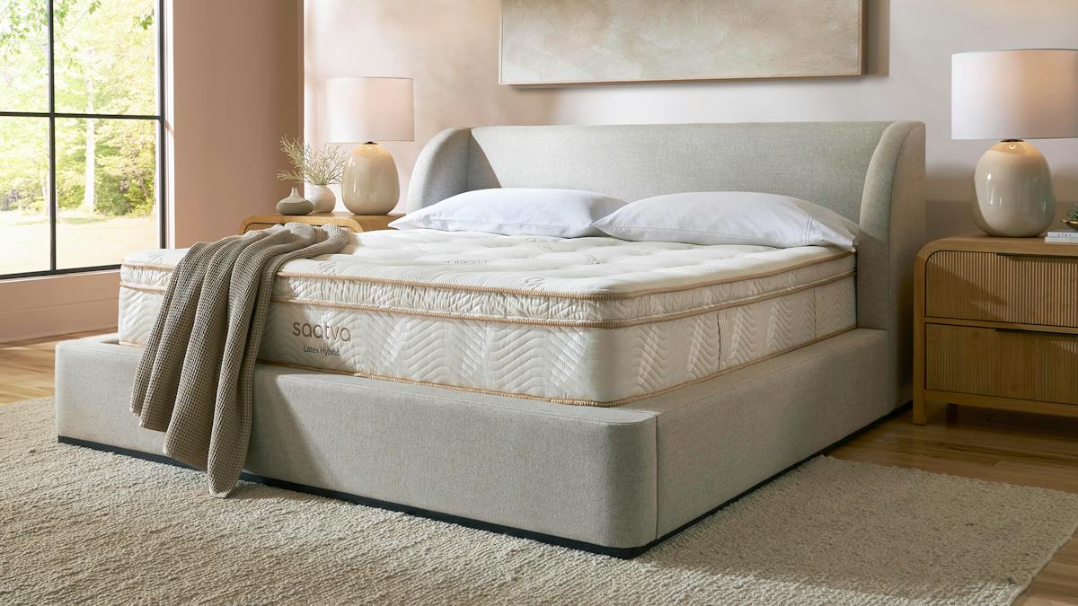 Saatva Latex Hybrid mattress in a bright bedroom